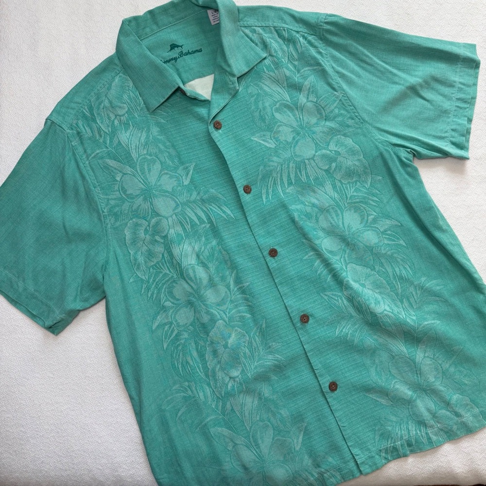 Tommy Bahama Mens Large Silk Short Sleeve Button Up Shirt Teal Floral Jacquard